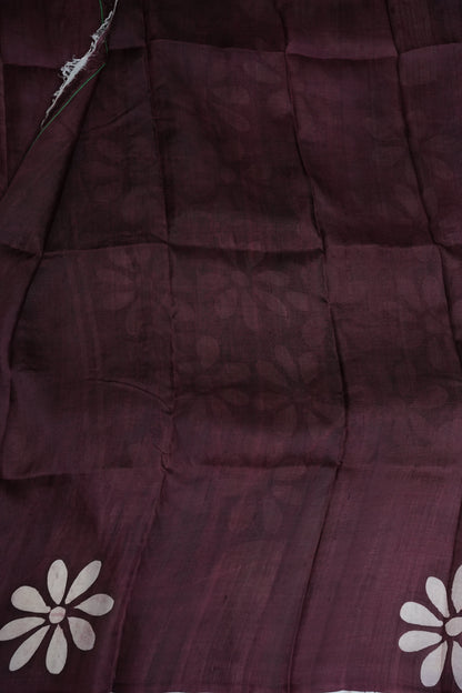 Pure Mulberry Silk Saree in Ivory with Batik Print & Maroon Pallu | Silk Mark Certified