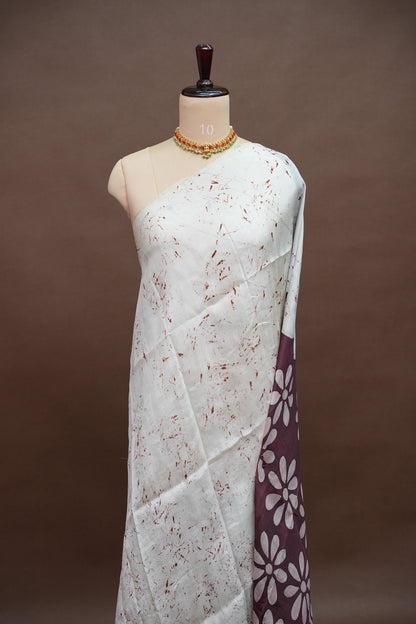 Pure Mulberry Silk Saree in Ivory with Batik Print & Maroon Pallu | Silk Mark Certified