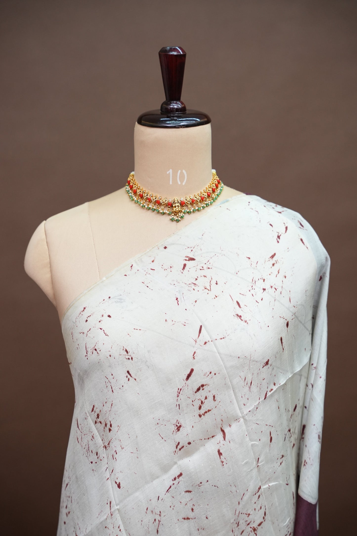 Pure Mulberry Silk Saree in Ivory with Batik Print & Maroon Pallu | Silk Mark Certified