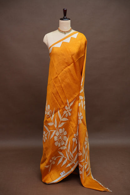 Pure Mulberry Silk Saree in Mustard Yellow with Floral Batik Print | Silk Mark Certified