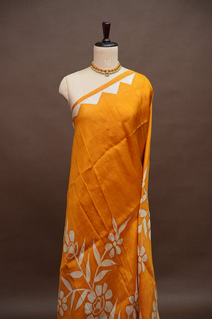 Pure Mulberry Silk Saree in Mustard Yellow with Floral Batik Print | Silk Mark Certified