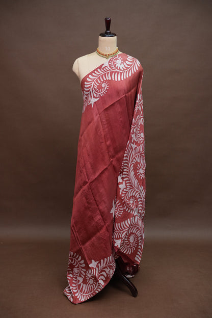 Pure Mulberry Silk Saree in Rust with Batik Print Border | Silk Mark Certified