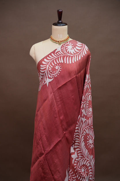 Pure Mulberry Silk Saree in Rust with Batik Print Border | Silk Mark Certified
