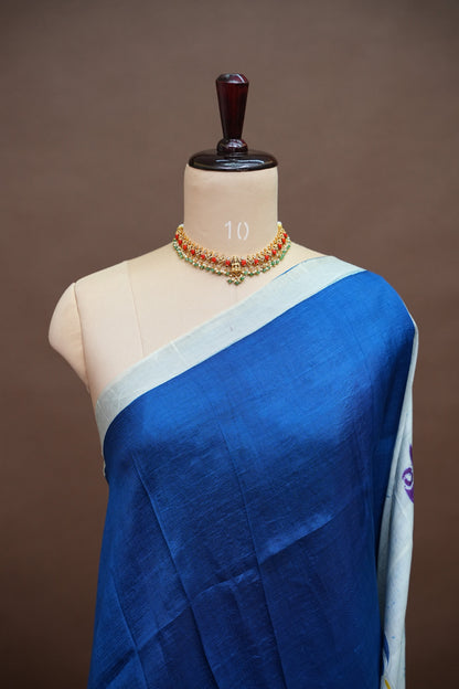 Pure Mulberry Silk Saree in Royal Blue with Floral Batik Print | Silk Mark Certified
