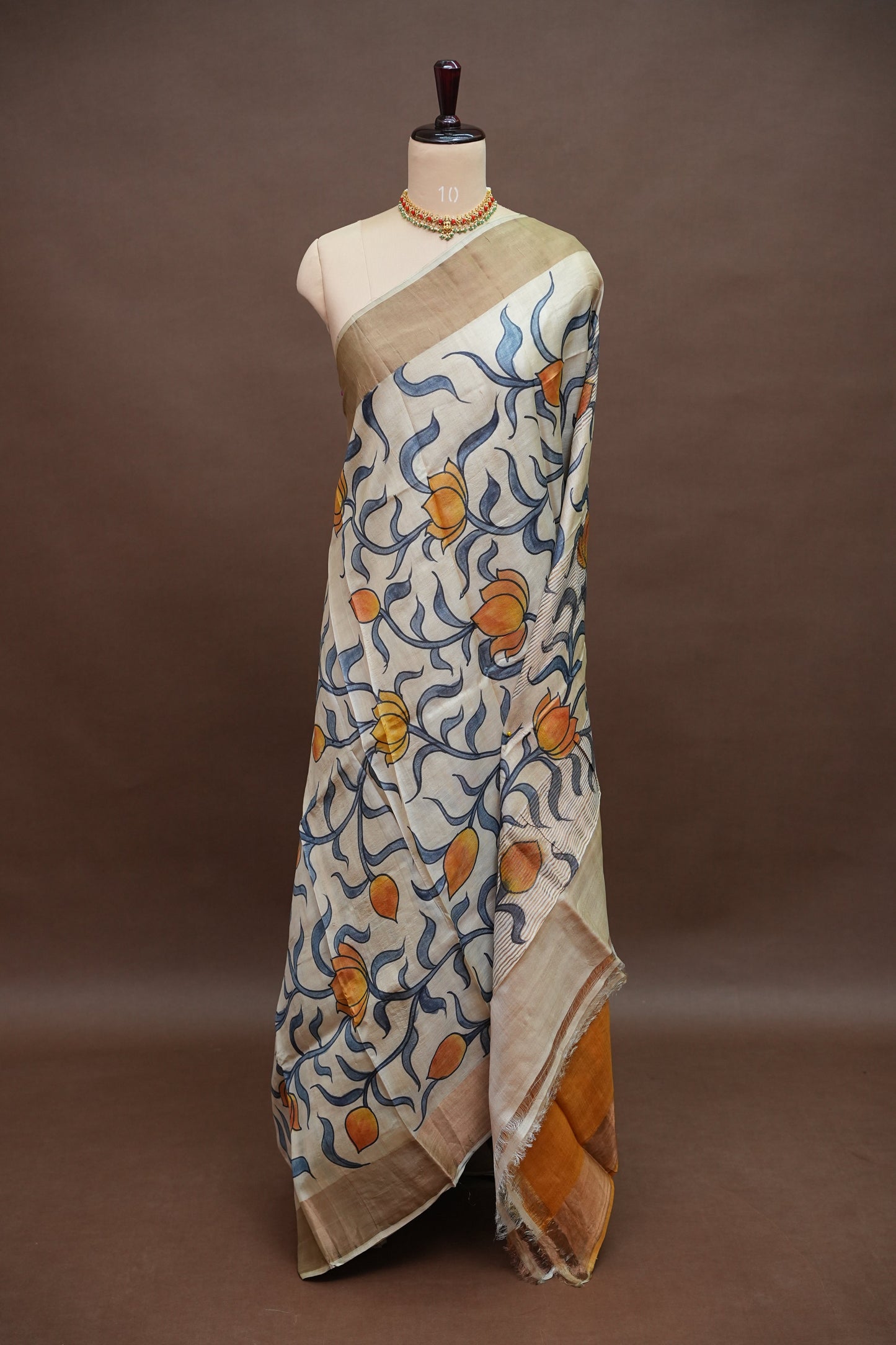 Pure Tussar Silk Saree in Ivory with Hand Painted Pichwai Lotus Art | Silk Mark Certified