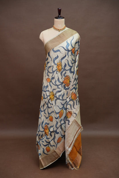 Pure Tussar Silk Saree in Ivory with Hand Painted Pichwai Lotus Art | Silk Mark Certified