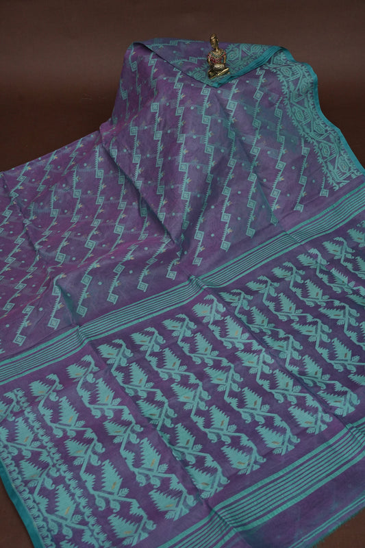 Handloom Jamdani Cotton Saree - Purple & Blue