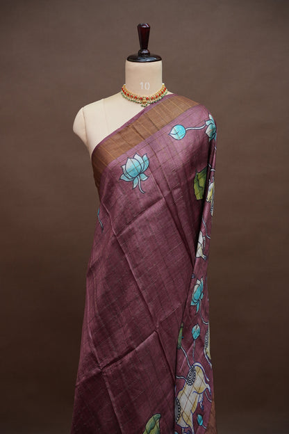 Pure Tussar Silk Saree in Chocolate Brown with Hand Painted Pichwai Art | Silk Mark Certified