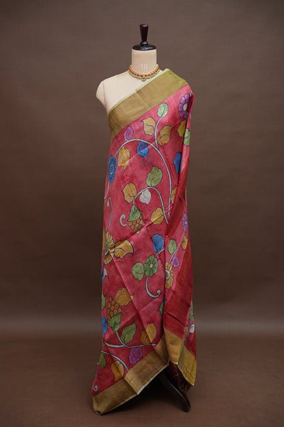 Pure Tussar Silk Saree in Rose Pink with Hand Painted Floral Art | Silk Mark Certified