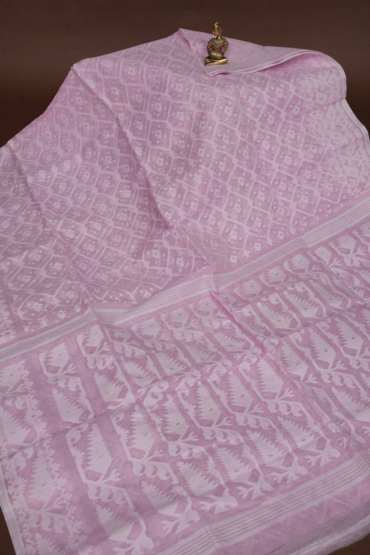 Handloom Jamdani Cotton Saree – Baby Pink