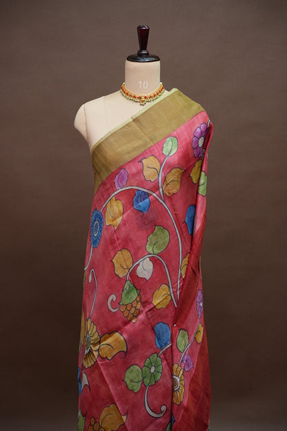 Pure Tussar Silk Saree in Rose Pink with Hand Painted Floral Art | Silk Mark Certified