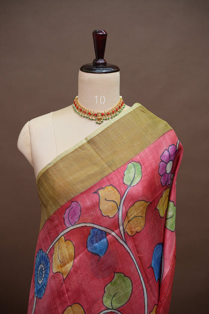 Pure Tussar Silk Saree in Rose Pink with Hand Painted Floral Art | Silk Mark Certified