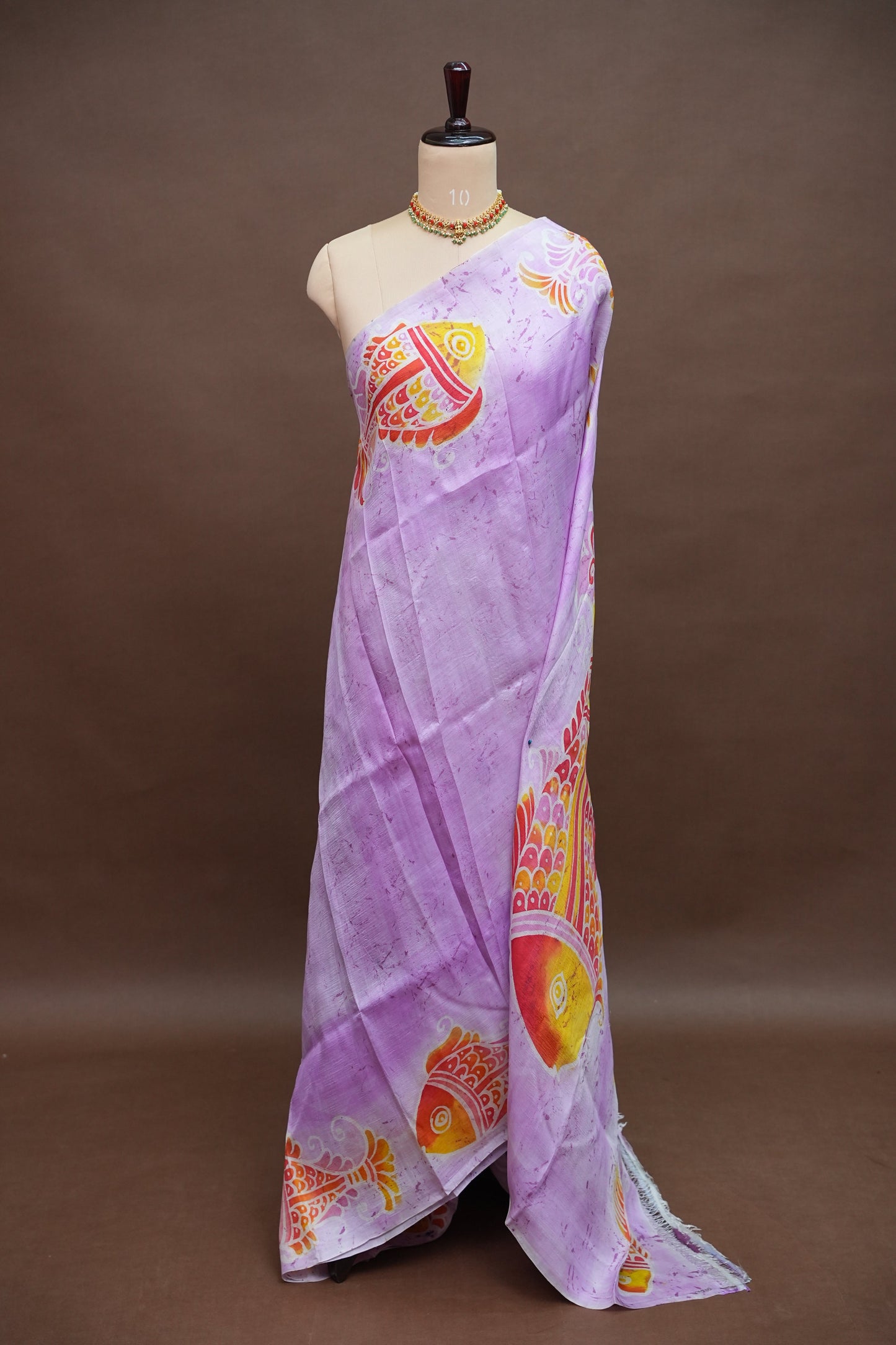 Pure Mulberry Silk Saree in Lavender with Artistic Fish Batik Print | Silk Mark Certified
