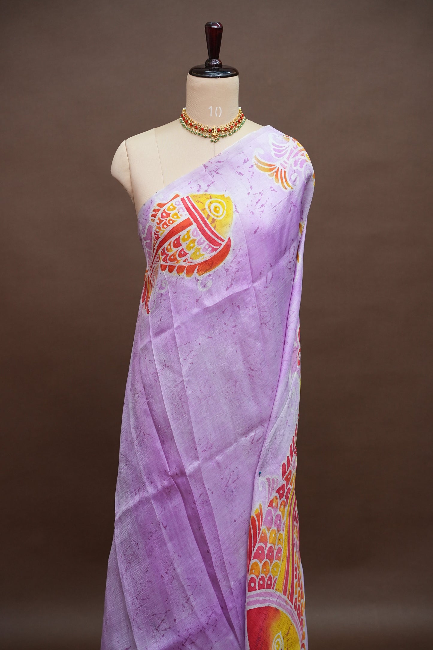 Pure Mulberry Silk Saree in Lavender with Artistic Fish Batik Print | Silk Mark Certified
