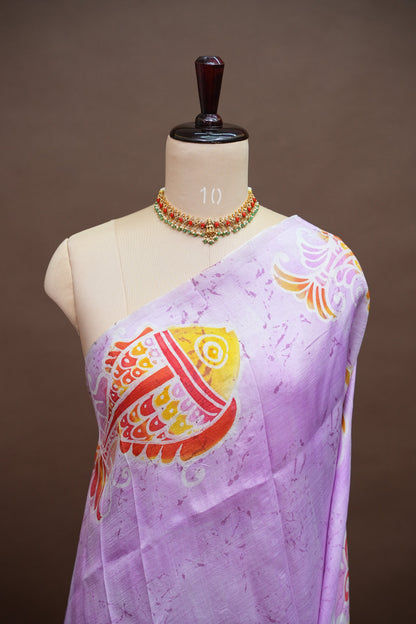 Pure Mulberry Silk Saree in Lavender with Artistic Fish Batik Print | Silk Mark Certified