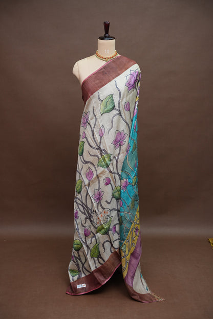 Pure Tussar Silk Saree in Ivory with Hand Painted Pichwai Cow & Lotus Art | Silk Mark Certified