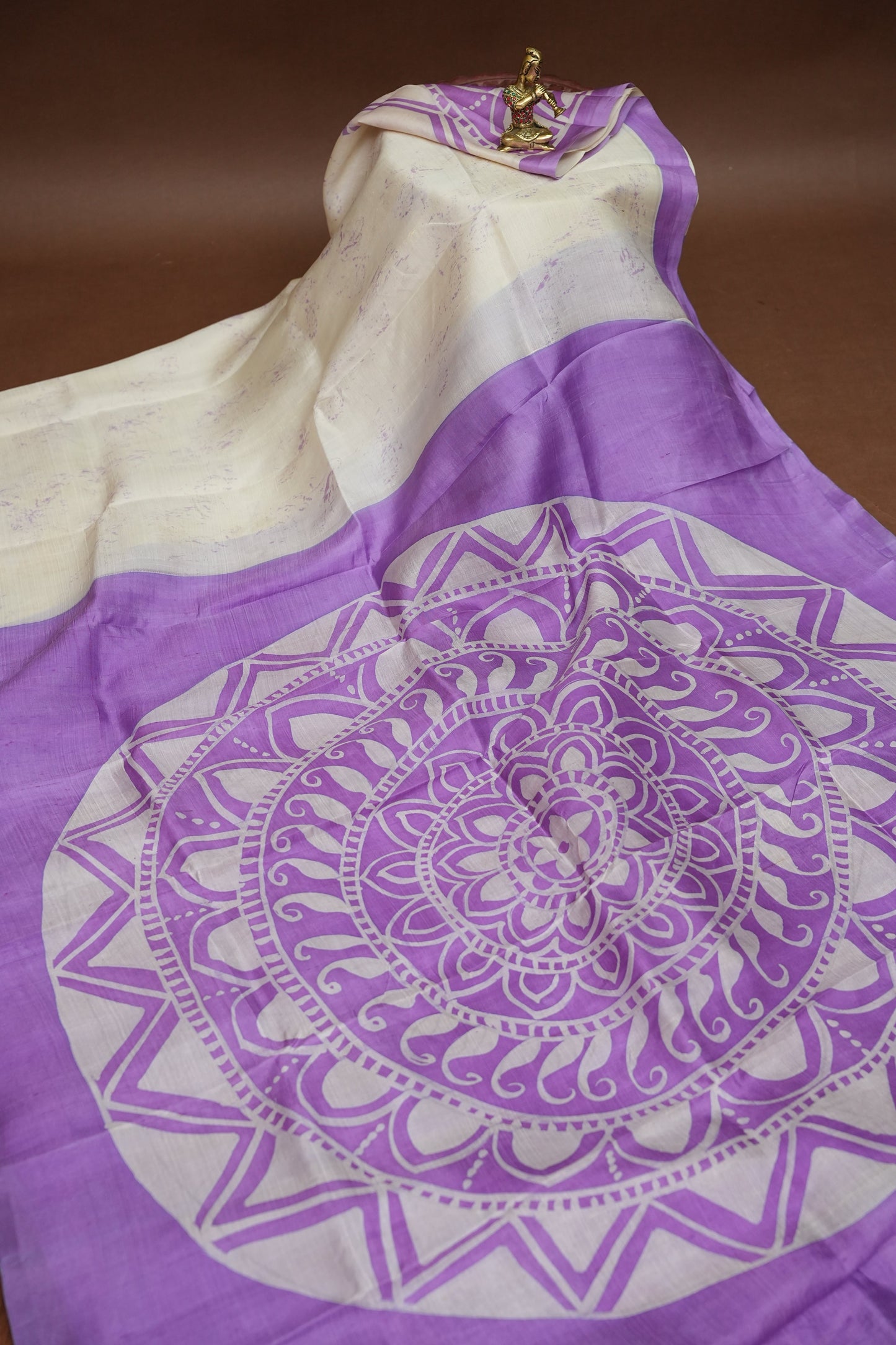 Pure Mulberry Silk Saree in Ivory with Lavender Mandala Batik Print | Silk Mark Certified
