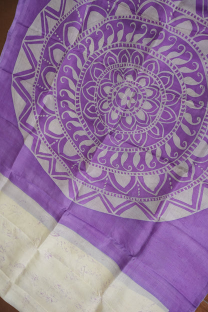 Pure Mulberry Silk Saree in Ivory with Lavender Mandala Batik Print | Silk Mark Certified