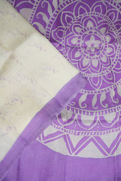 Pure Mulberry Silk Saree in Ivory with Lavender Mandala Batik Print | Silk Mark Certified