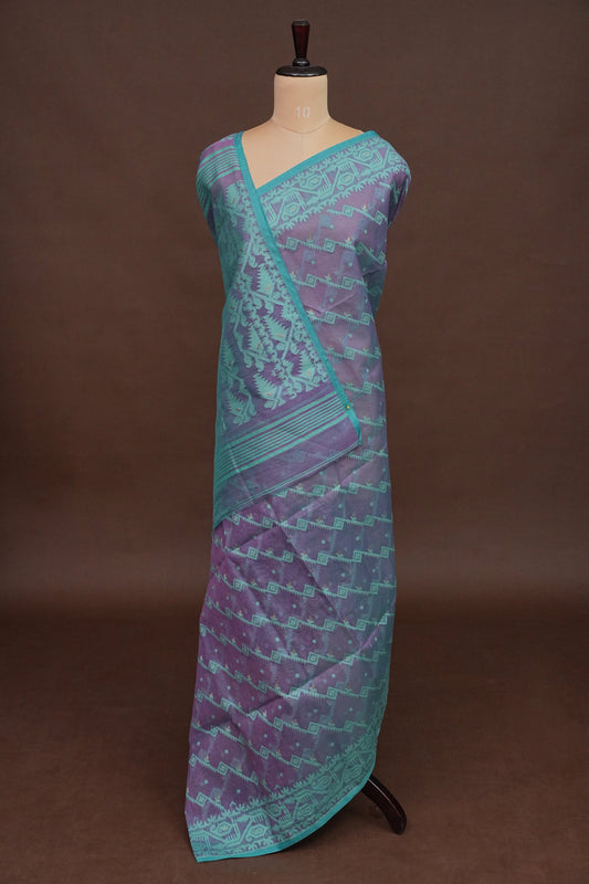 Handloom Jamdani Cotton Saree - Purple & Blue
