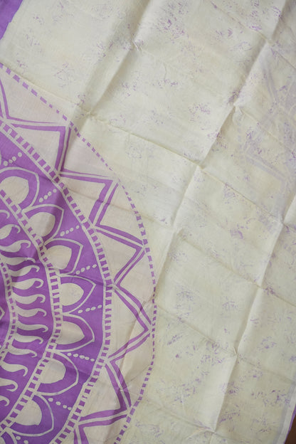 Pure Mulberry Silk Saree in Ivory with Lavender Mandala Batik Print | Silk Mark Certified