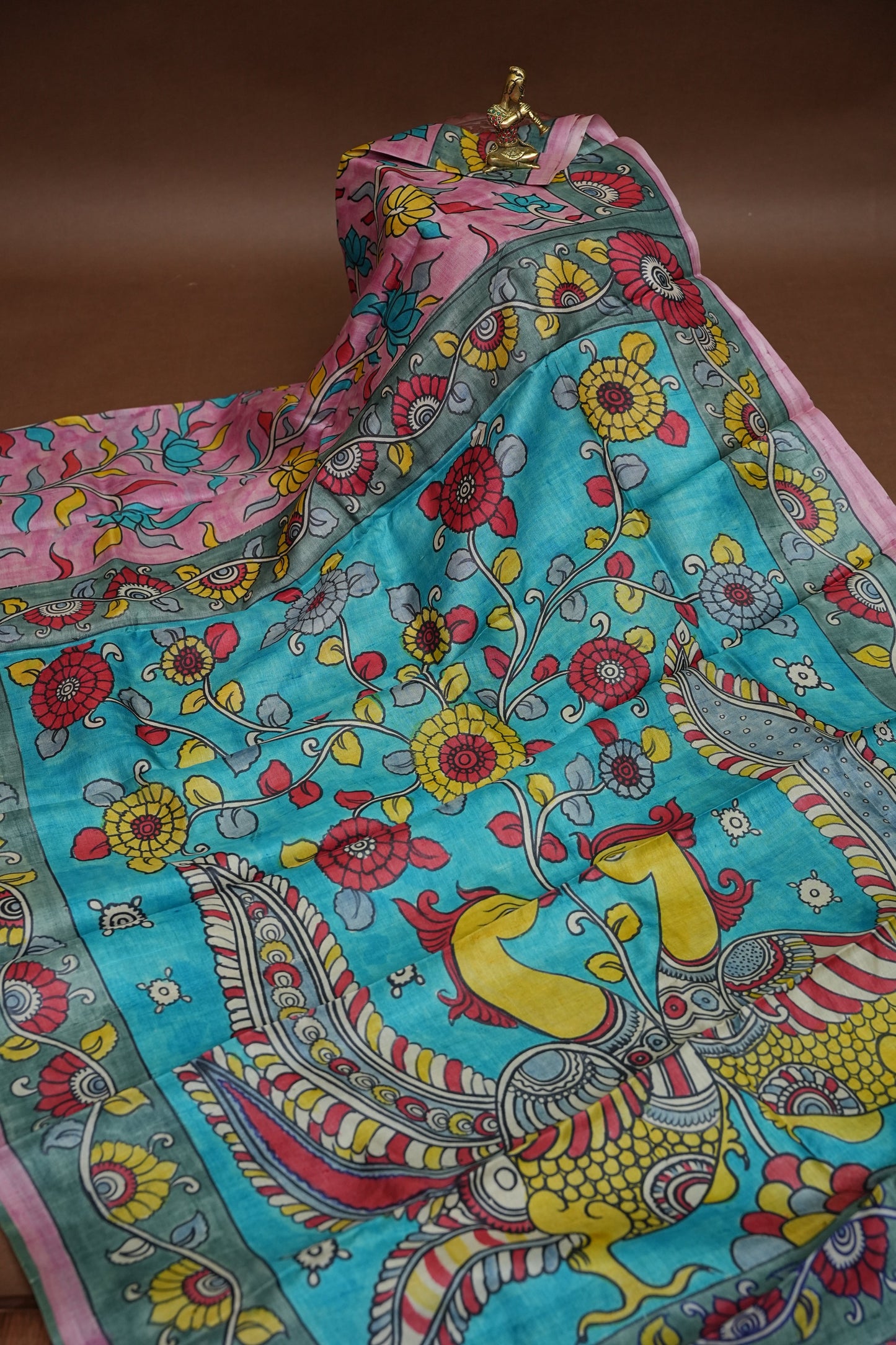 Pure Tussar Silk Saree in Pink & Aqua Blue with Hand Painted Pen Kalamkari Art | Silk Mark Certified