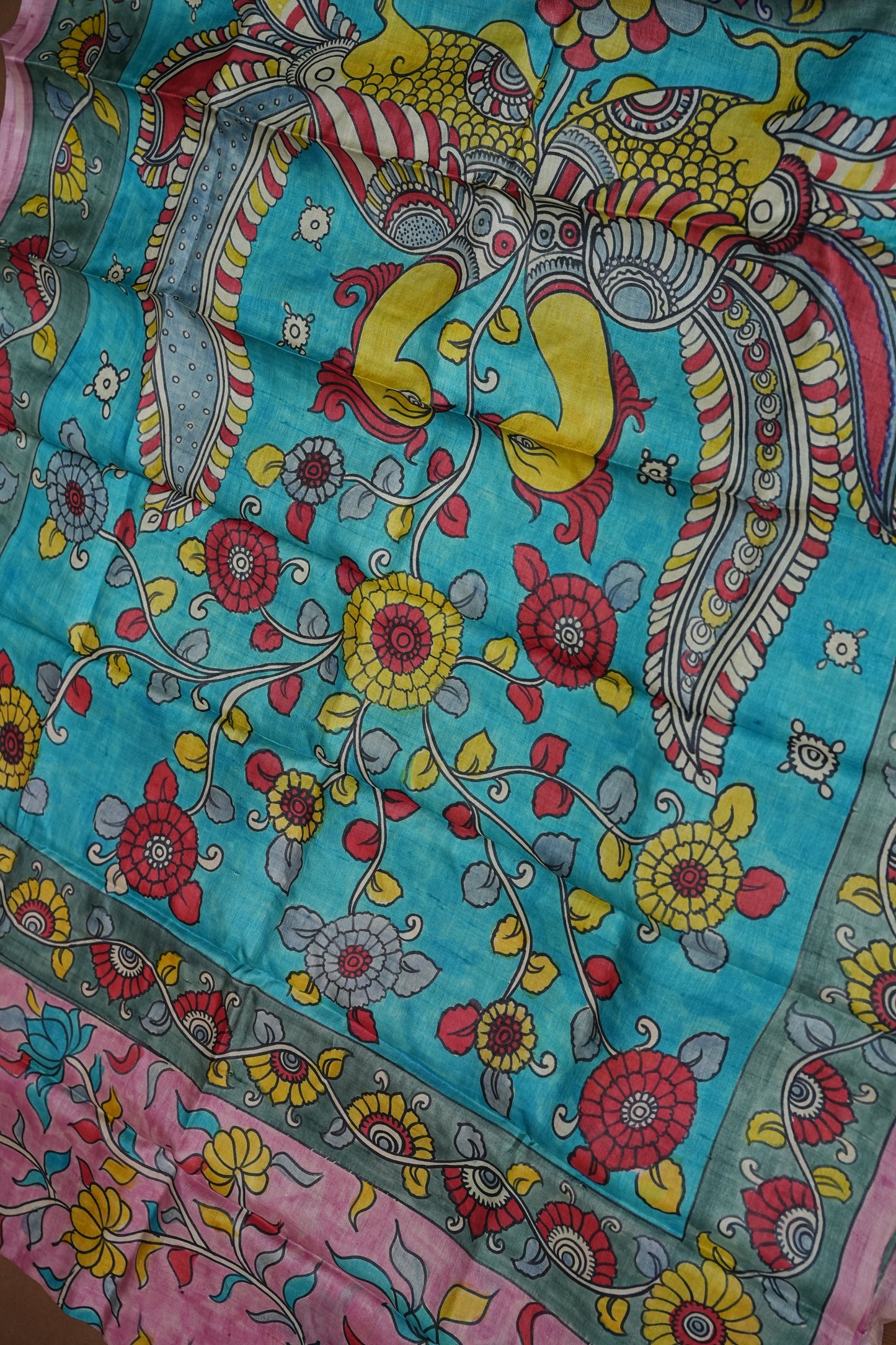 Pure Tussar Silk Saree in Pink & Aqua Blue with Hand Painted Pen Kalamkari Art | Silk Mark Certified
