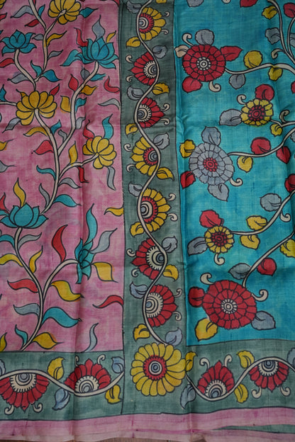 Pure Tussar Silk Saree in Pink & Aqua Blue with Hand Painted Pen Kalamkari Art | Silk Mark Certified