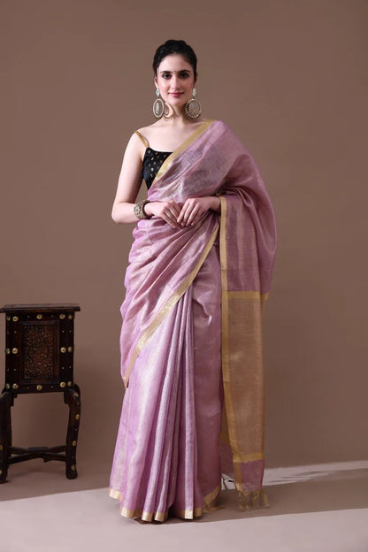 Soft Lilac Purple & Champagne Gold Tissue Linen Saree