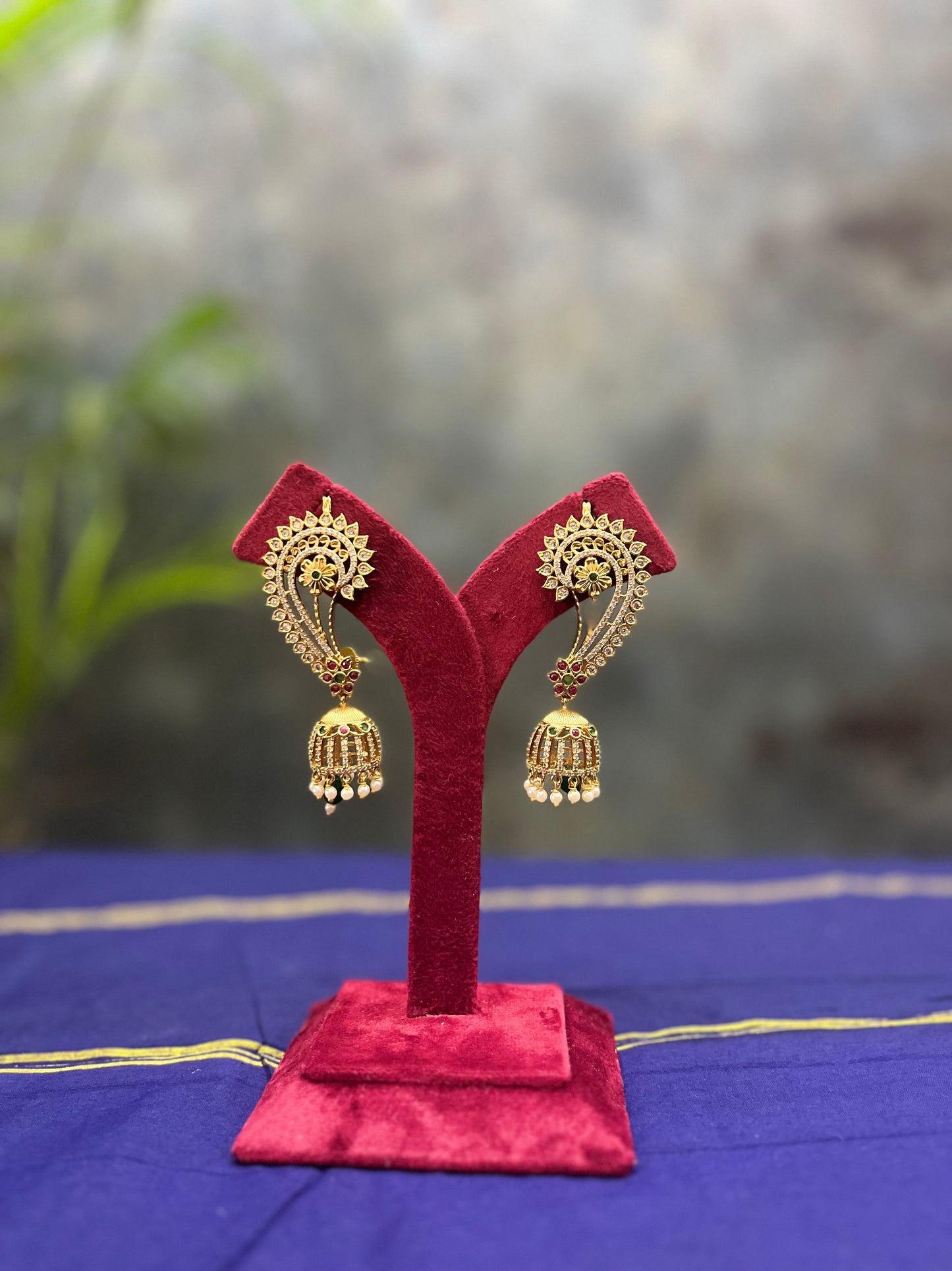 Antique Jhumka with White, Ruby and Emerald Stones