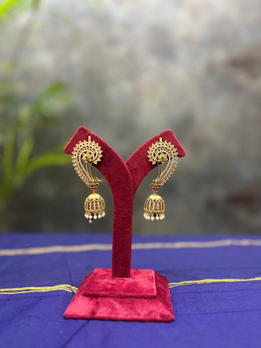 Antique Jhumka with White, Ruby and Emerald Stones