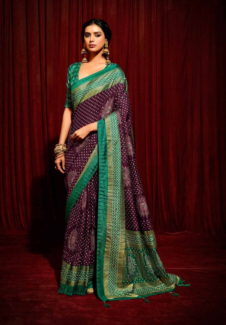 Bandhini Digital Print Semi Silk Saree-Wine and Turquoise Blue