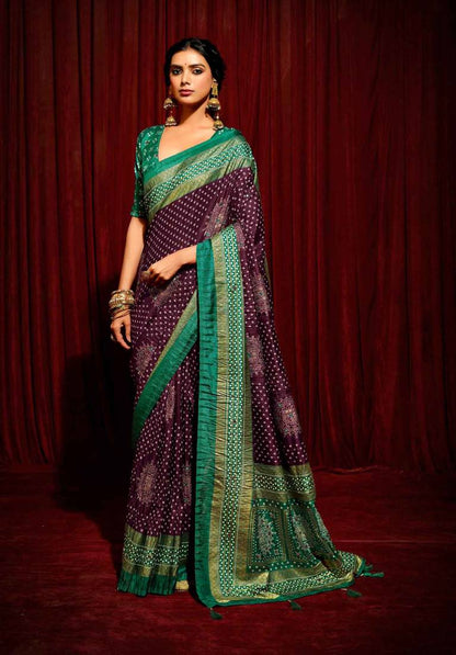 Bandhini Digital Print Semi Silk Saree-Wine and Turquoise Blue
