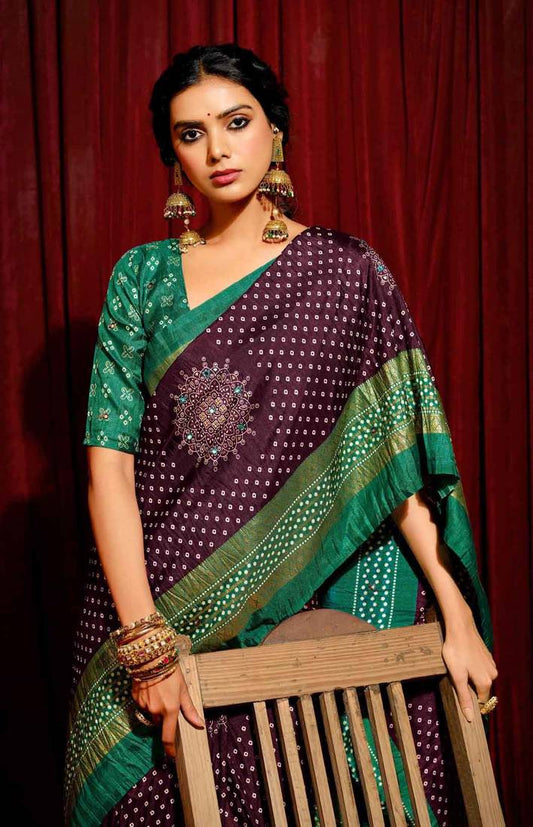 Bandhini Digital Print Semi Silk Saree-Wine and Turquoise Blue