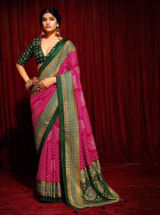 Bandhini Digital Print Semi Silk Saree-Pink and Green