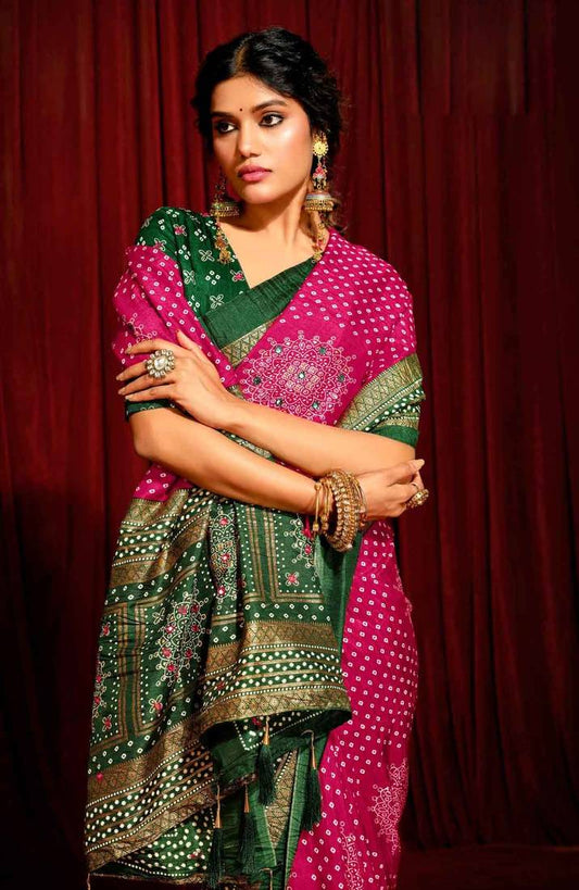 Bandhini Digital Print Semi Silk Saree-Pink and Green