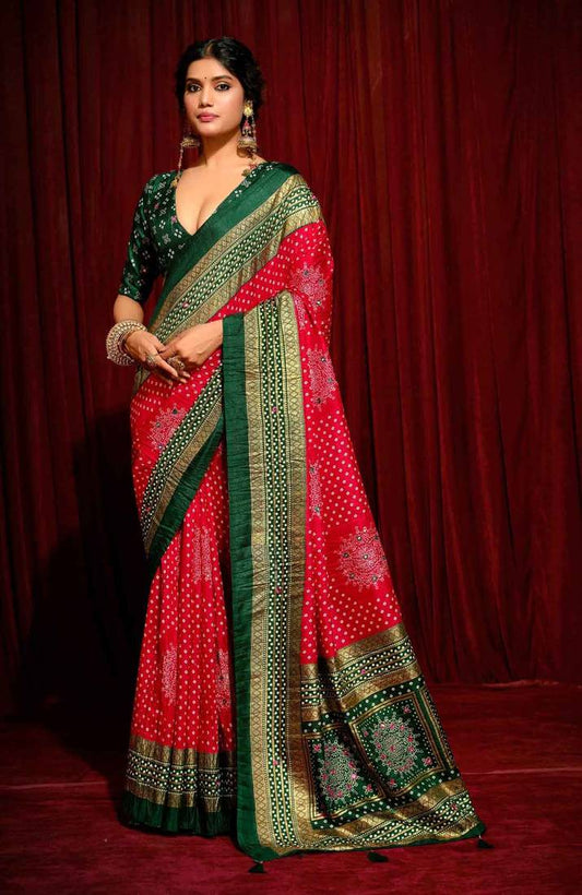 Bandhini Digital Print Semi Silk Saree-Red and Green