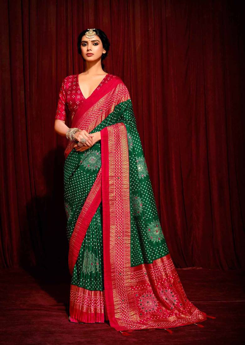 Bandhini Digital Print Semi Silk Saree-Bottle Green and Red