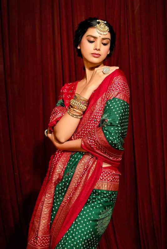 Bandhini Digital Print Semi Silk Saree-Bottle Green and Red