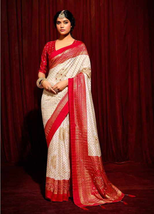 Bandhini Digital Print Semi Silk Saree-White & Red