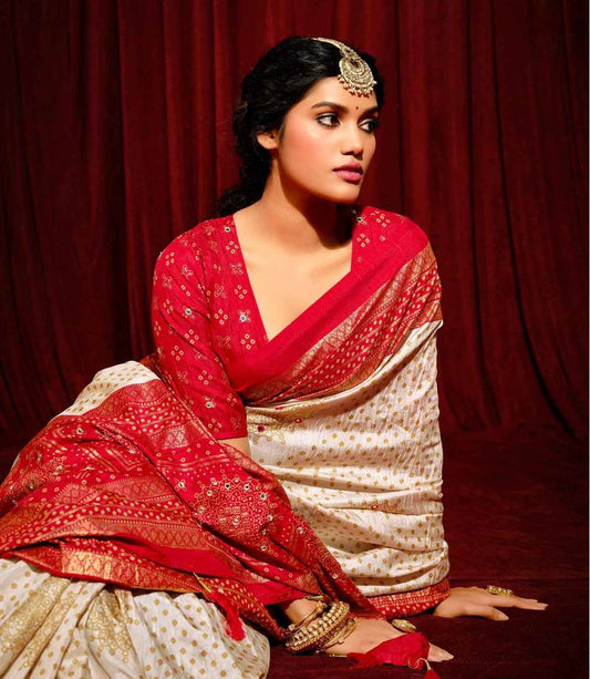 Bandhini Digital Print Semi Silk Saree-White & Red