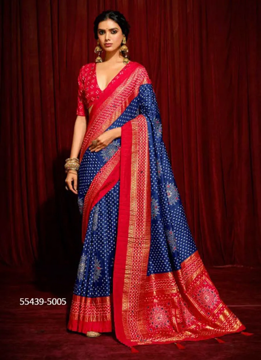 Bandhini Digital Print Semi Silk Saree-Blue and Red