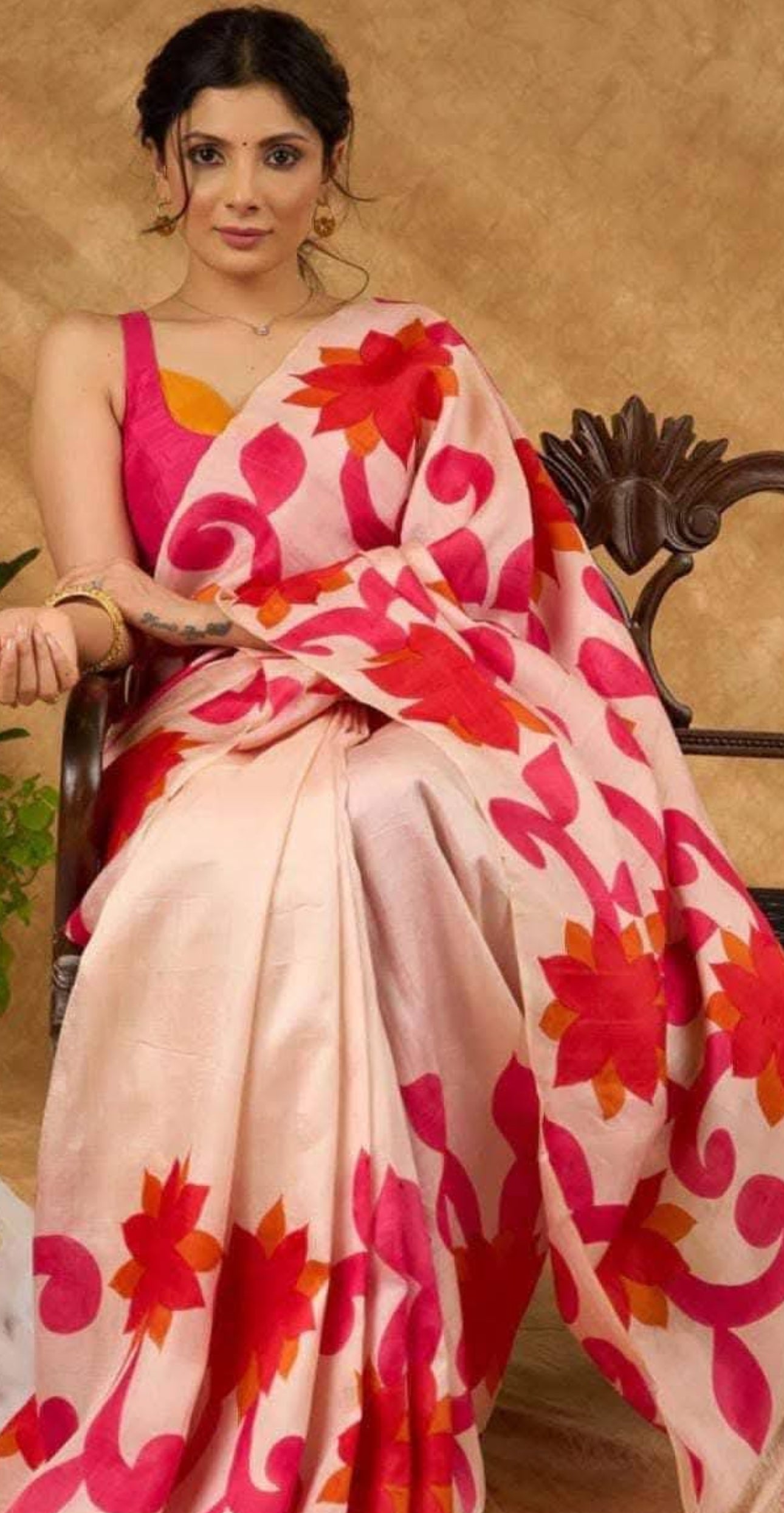 Purely Handpainted Floral On Pure Tussar Silk Saree- Baby Pink & Dark Pink|Silk Mark Certified