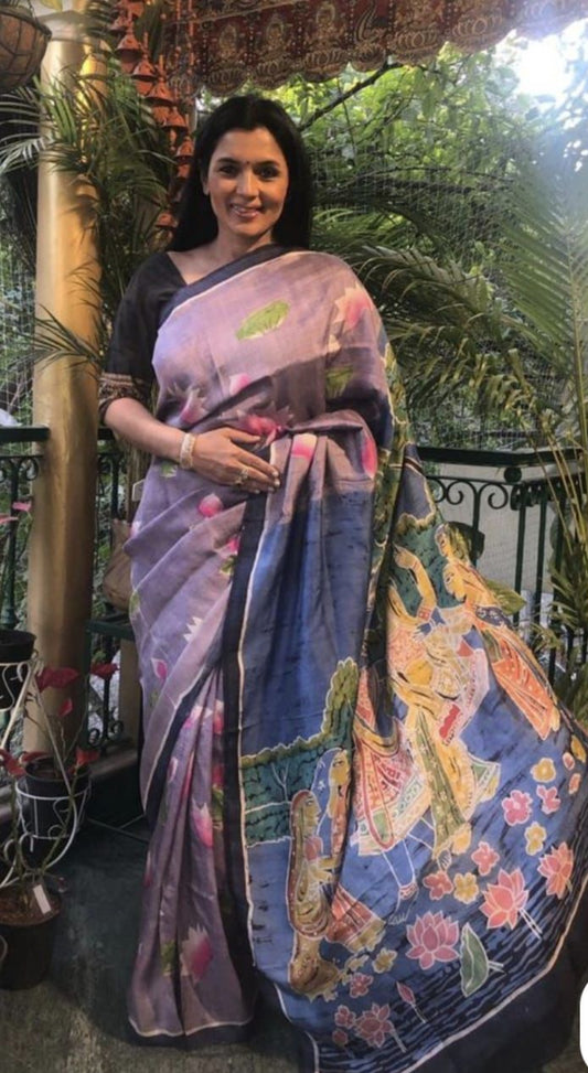 Purely Handpainted Batik Floral On Pure Tussar Silk Saree - Lavender|Silk Mark Certified