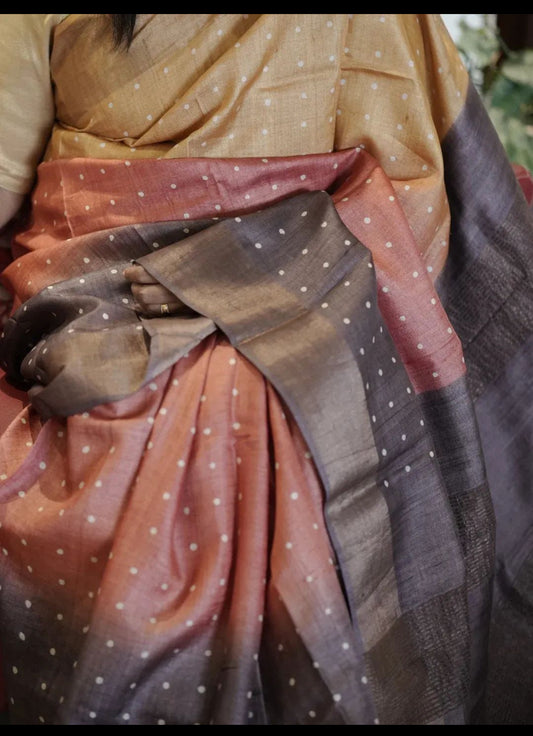 Geometric Patterned Pure Tussar Silk Saree-Multitoned|Silk Mark Certificate