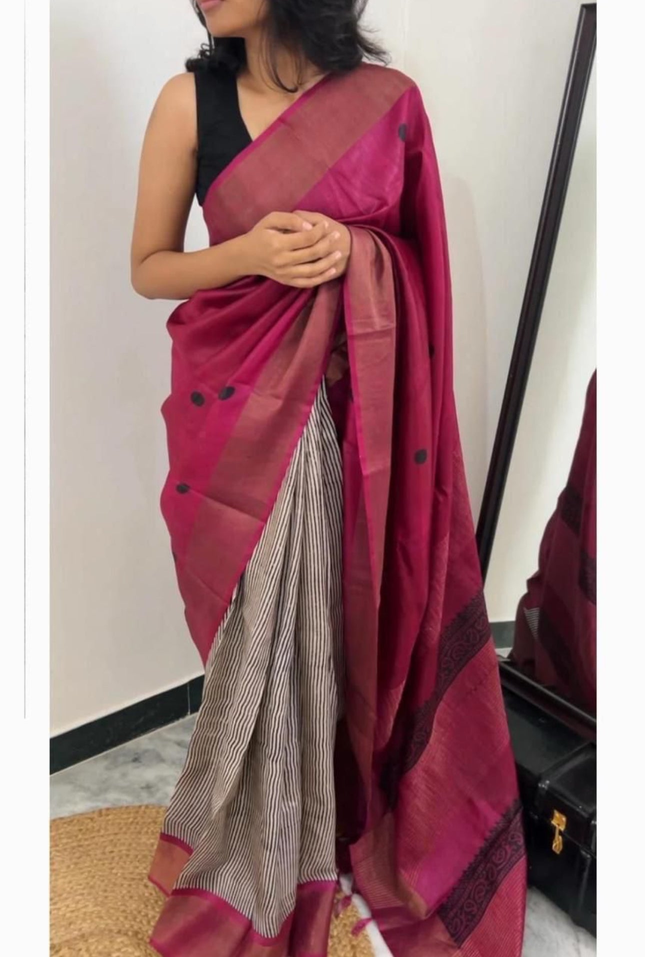 Geometric Patterned Pure Tussar Silk Saree-Pink|Silk Mark Certificate