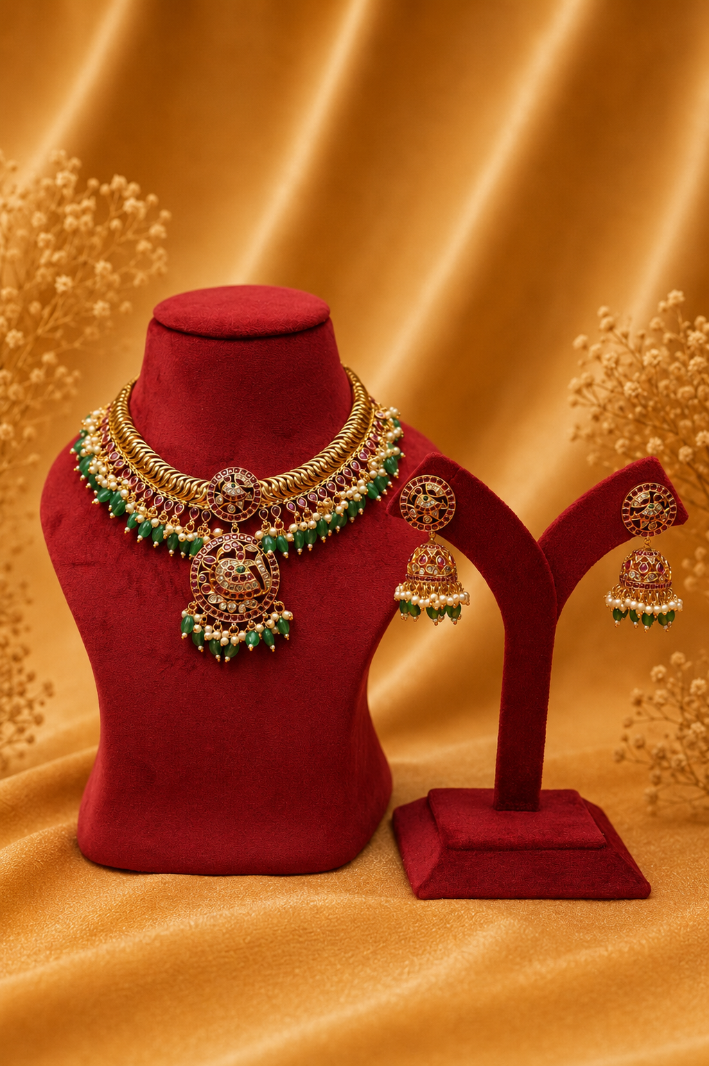 Statement Antique Gold Plated Peacock Pendant Necklace Set with Ruby, CZ & Green Bead Detailing