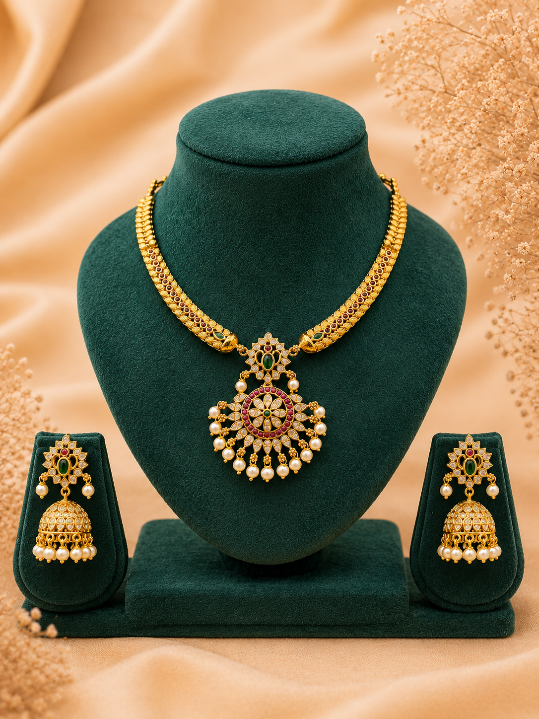 Antique Gold-Plated Designer Necklace Set with Pearl Jhumkas