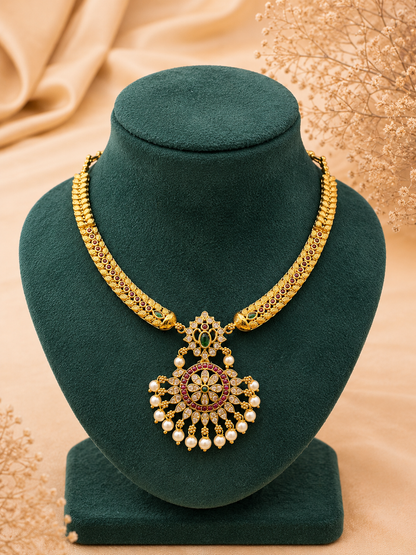 Antique Gold-Plated Designer Necklace Set with Pearl Jhumkas