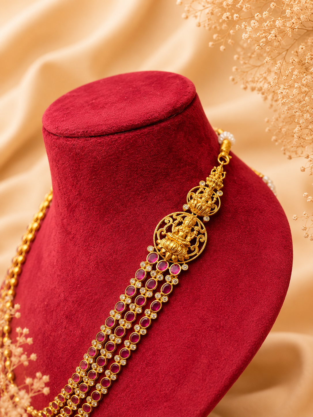 Antique Premium Traditional Layered Ruby Necklace with Lakshmi detailing